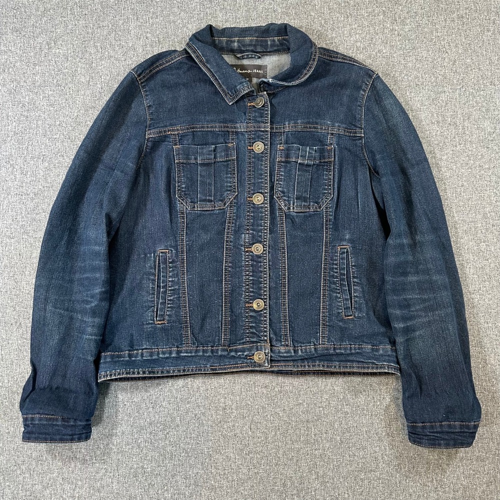 Reitmans Jeans Womens Dark Wash Denim Jacket Size 11 Button Front Blue Coat
